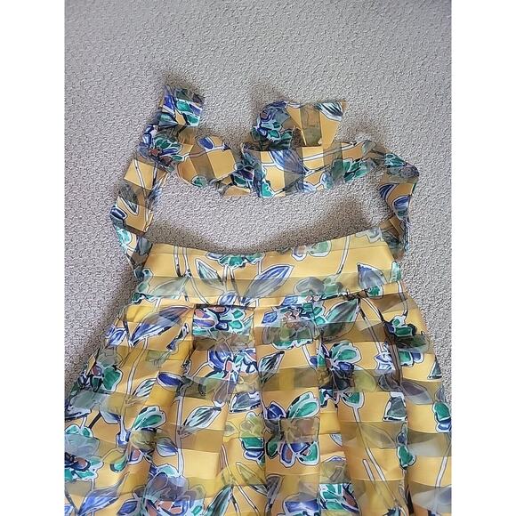 Banjul Women’s A-line High Low Skirt Yellow Size S Floral Pleated Striped Sheer - Picture 3 of 12